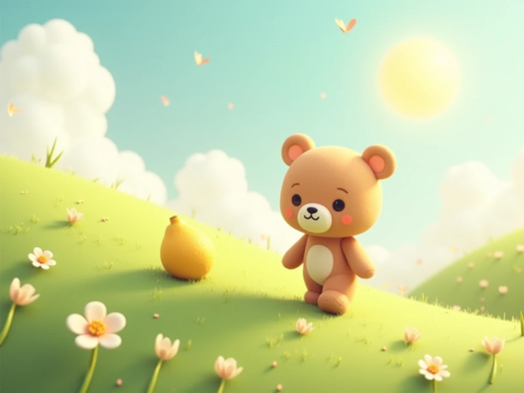 Cute light brown teddy bear animada 3d walking in the hill, next to the lemon three, Cartoon, flowers and butterflies, soft colors, simple green grass background sunny day and clouds, extremely cute little pastel colored, beautiful 3D animation, kawaii cla...