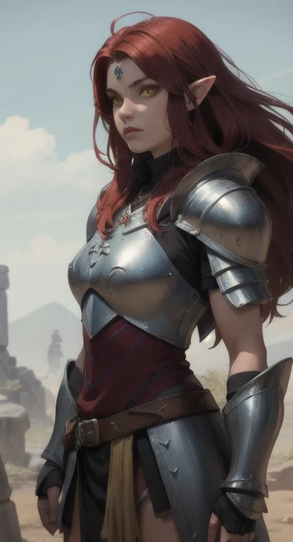 lost era, Prehistoric Hylian, Knight princess, Rionyx, red hair, yellow eyes, looking at viewer, long messy hair, prehistoric kingdom , lore accurate, prehistoric armor, prehistoric City,