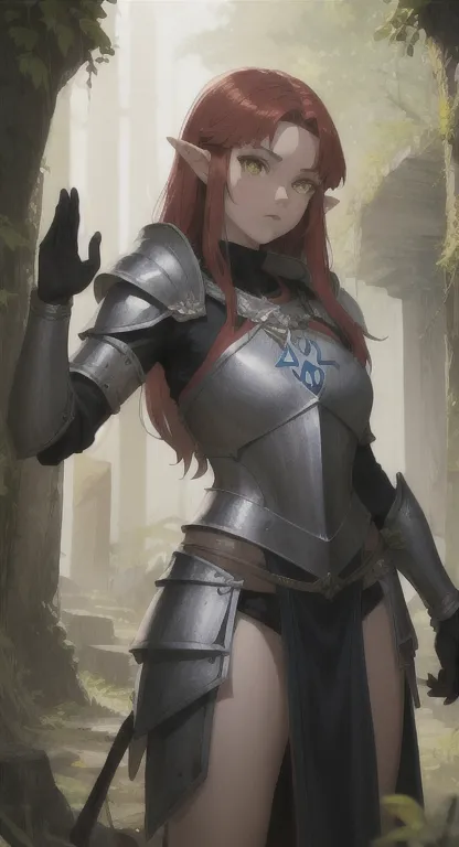 lost era, Prehistoric Hylian, Knight princess, Rionyx, red hair, yellow eyes, looking at viewer, long messy hair, prehistoric kingdom , lore accurate, prehistoric armor, prehistoric City,