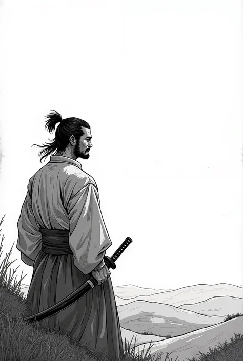 Miyamoto Musashi, looking at the horizon reflecting on seeking change. The image has to look like a sketch from a manga