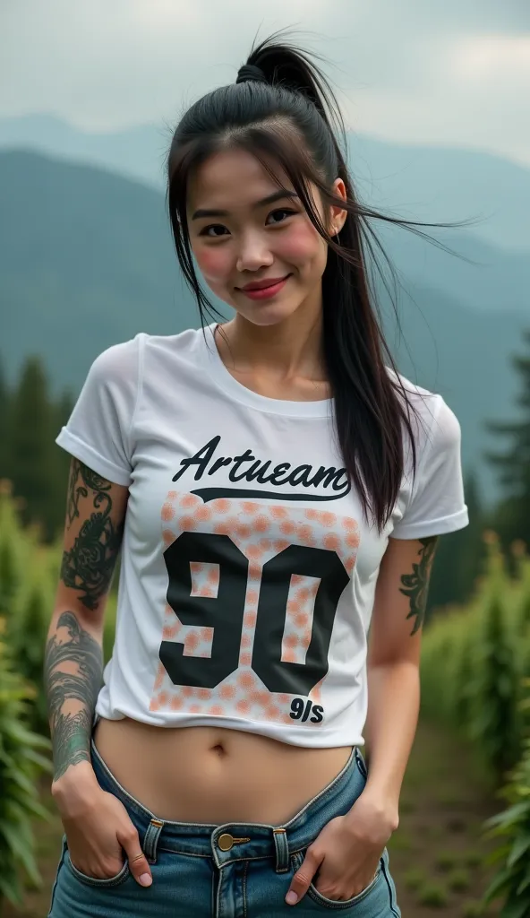  . 8k three-dimensional photo taken with high quality camera ,  Round-faced Asian girl  ,Tattoos,   seductive smile ,   sexy in various poses  ,   Exciting  , Outdoor on the mountain, Standing among the cannabis trees    ,  White transparent t-shirt , Grap...