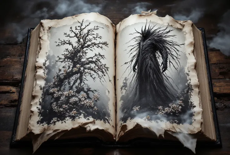 {{A ((vintage and mysterious)) depiction of {an open leather-bound storybook with slightly curved pages}}} featuring {((an elaborate ink sketch of a towering forest giant with tangled vines for hair, looming over a dense, mysterious forest:1.4))}. This is ...