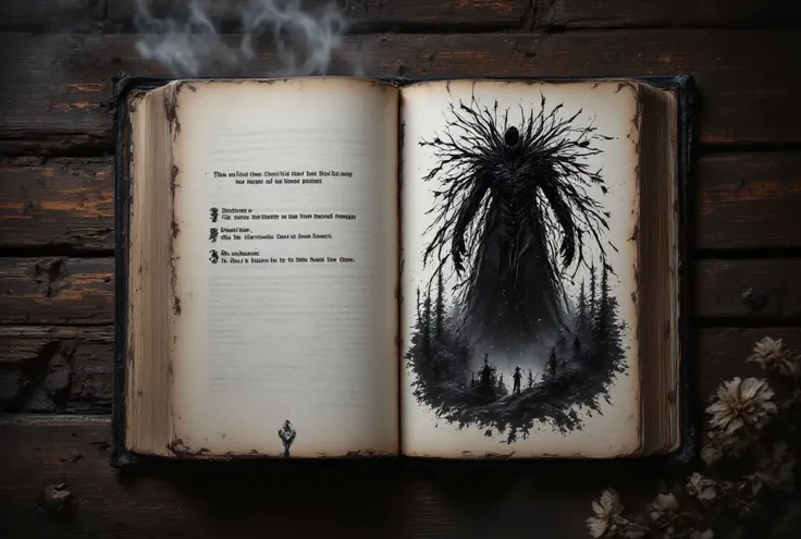 {{A ((vintage and mysterious)) depiction of {an open leather-bound storybook with slightly curved pages}}} featuring {((an elaborate ink sketch of a towering forest giant with tangled vines for hair, looming over a dense, mysterious forest:1.4))}. This is ...