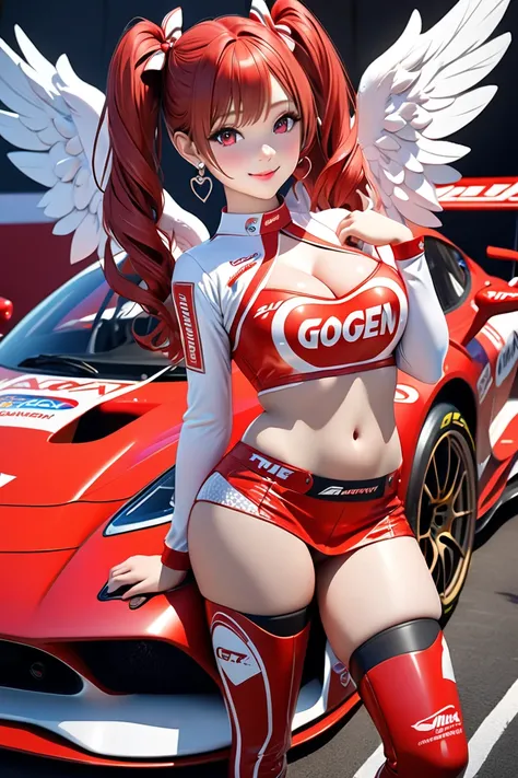  (bestquality,4K,8k, highres,masterpiece:1.3),ultra-detailed,(realistic, photorealistic,photo-realistic:1.3),HDR,UHD,  One race queen girl poses sexy in front of a GT machine in front of the camera、 The girl has red hair in twin tails , cute white and red ...