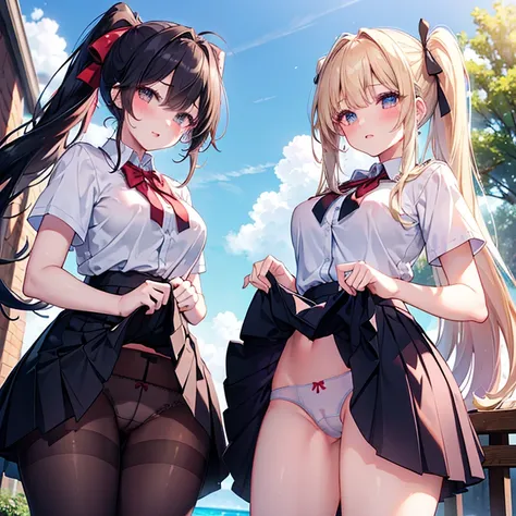 (( top quality))、(( Masterpiece))、( Details)、( Ultra High Resolution)、
((( two girls standing side by side)))、
(1 dark haired 、 long hair、 big breasts)、(1 Blonde、 ponytail with one leg、 medium breasts)、
 collared shirt、 red bow tie、 pleated skirt、 knee soc...