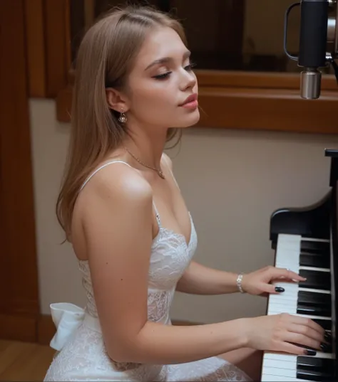 araffe woman in a "black lace dress", playing a piano in a recording studio, "black nail polish"