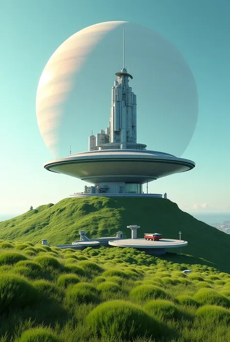 A science fiction outpost made out of concrete and glass in the style of No man's sky. The outpost sits atop a hill of lush green grass. In the sky behind the base a glowing gas giant with rings can be seen. Below the base there is a landing pad