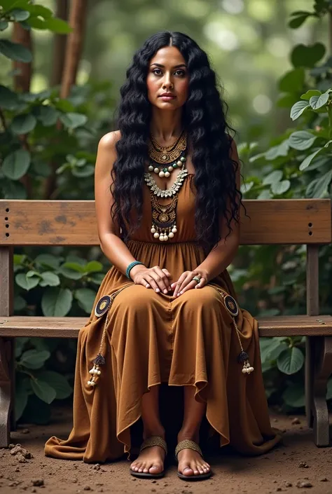 A realistic image of a Brazilian woman with fair skin, long black curly hair. wears brown shamanic ceremonial attire, brown shoes. She is sitting on the school bench.