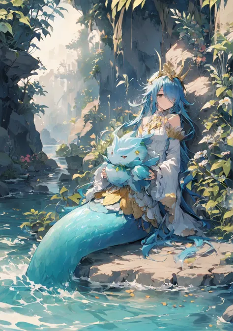 Seiryu beast, nature and water ,  mermaid with hidden eyes,  green and blue hair ,  Creature