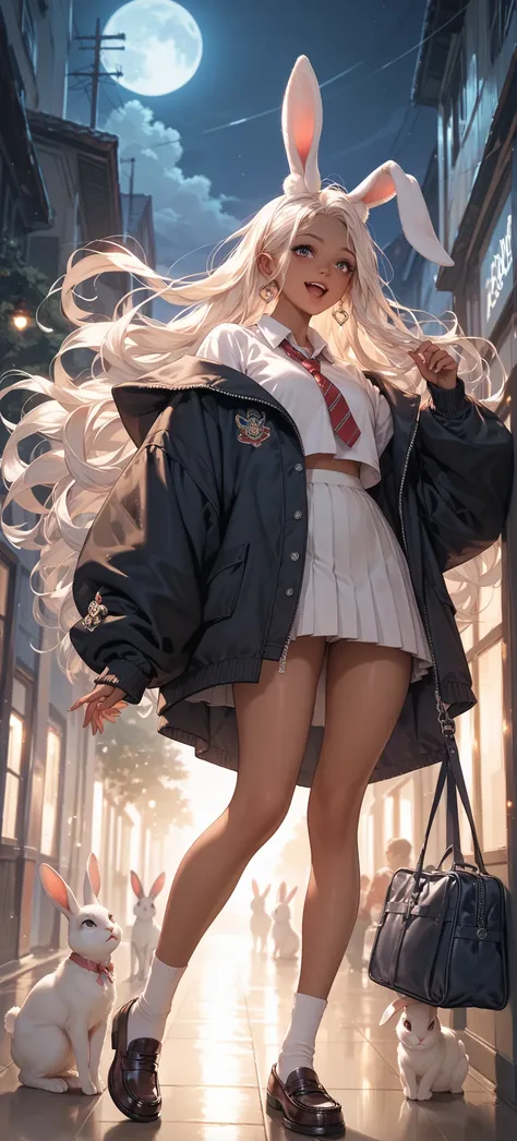  high school student,oversized down jacket, girl,Wear loafers, white super long hair , backlit,night,Very dark, tanned skin, open your mouth slightly, Rabbit ears in place of ears,lure