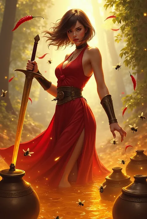 Generate me an image of a woman,  short brown hair, With a red dress with a saber in his hand, Honey pots placed everywhere and bees flying around, Also add some red chilli. 