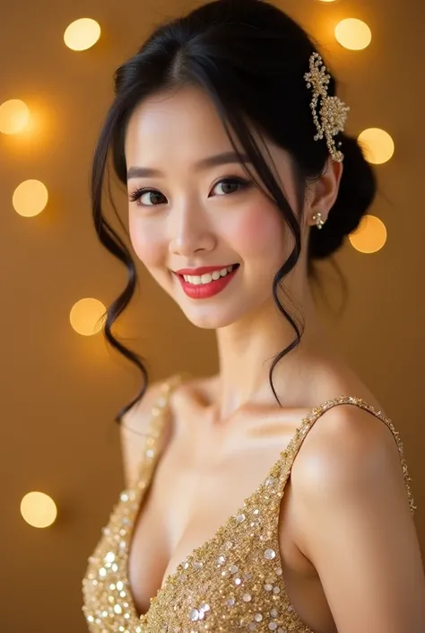 A korean girl wering a gold sparkling gown behindi her is a happy birthday theme her make up is flawlessly beautiful making her looks more gorgeous she has a clip on head and the them color is gold with black