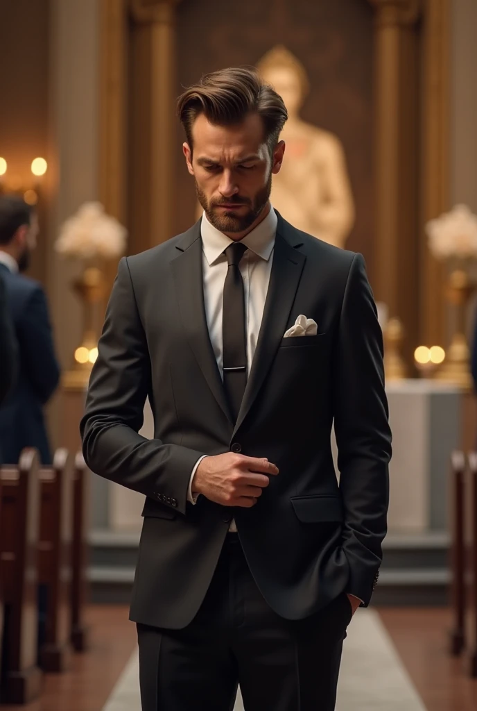 30-year-old man in handsome suit standing alone at the altar waiting for his bride while looking at his worried watch. 