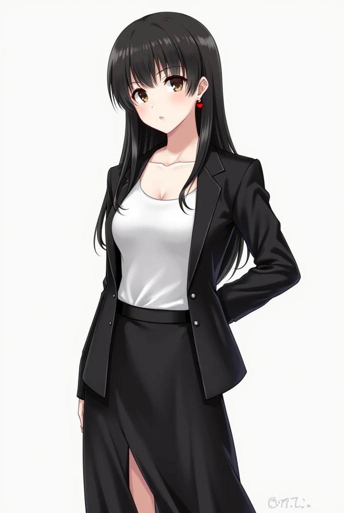 a girl, Japanese, long black hair, dark brown eyes, average body, average breasts, average butt, flat abdomen, pretty face, red heart-shaped earrings in the left ear.
Clothes: white tank top, black women's tuxedo open in the front, long skirt with side sli...