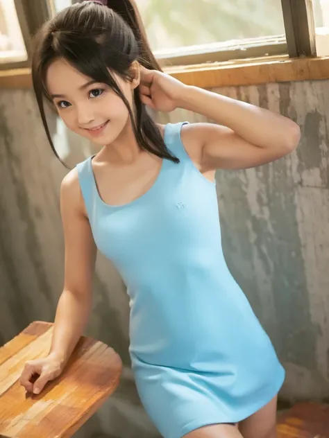 One girl, black hair, ponytail, BREAK, (tank top, tight summer dress:1.4), BREAK, ((flat chest, tt_flat)), armpit, baby face, standing, smiling, summer,