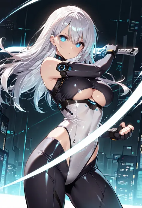 ((masterpiece, best quality, ultra detailed, high resolution, beautiful detailed face, beautiful detailed eyes, perfect hands)), (1 girl, solo), (body suit, sleeveless, underboob cutout, highleg), standing, fighting stance, holding the laserblade, glowing ...