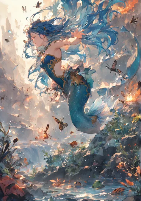  burning nature and water ,  mermaid attacked by insects, Mermaid with green and blue hair , Lots of bugs,  Creature