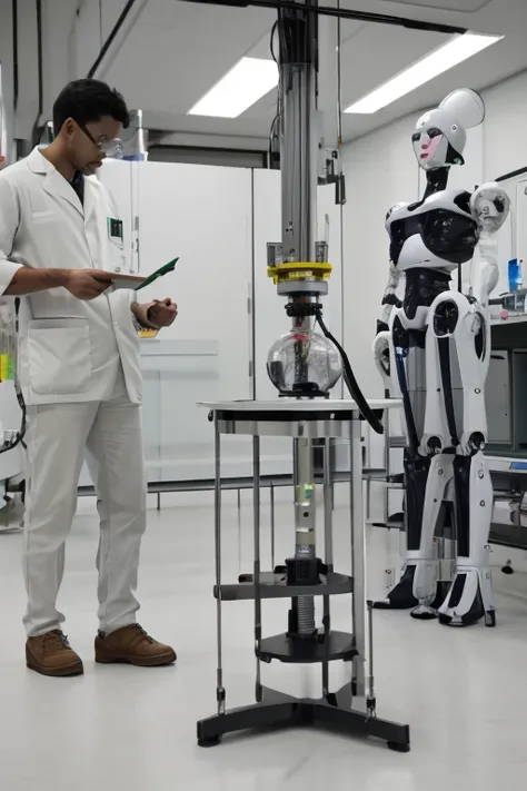 The scene shows Brazilian scientists in a laboratory ,  There is a scientist standing manipulating a notebook ,  another scientist is crouching down checking the foot of the humanoid robot that is standing standing on mine in the laboratory room,  another ...