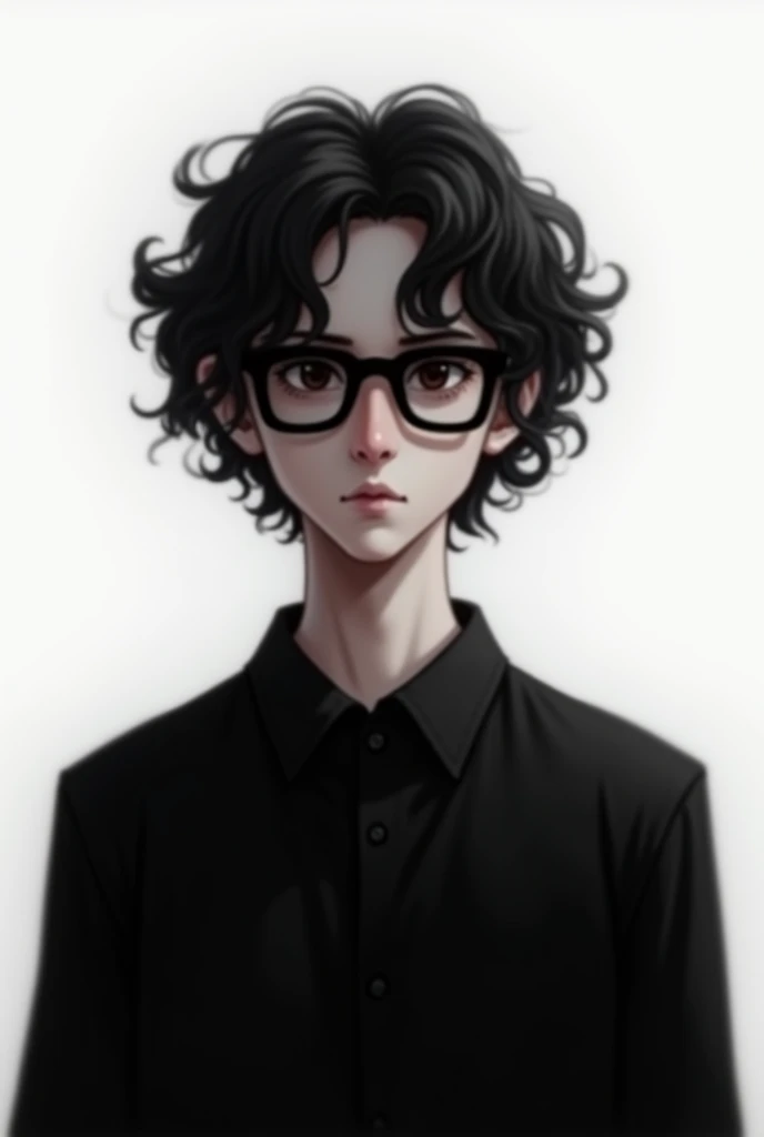 Make a black-haired ager, brown eyes, dark glasses and a black shirt on a white background