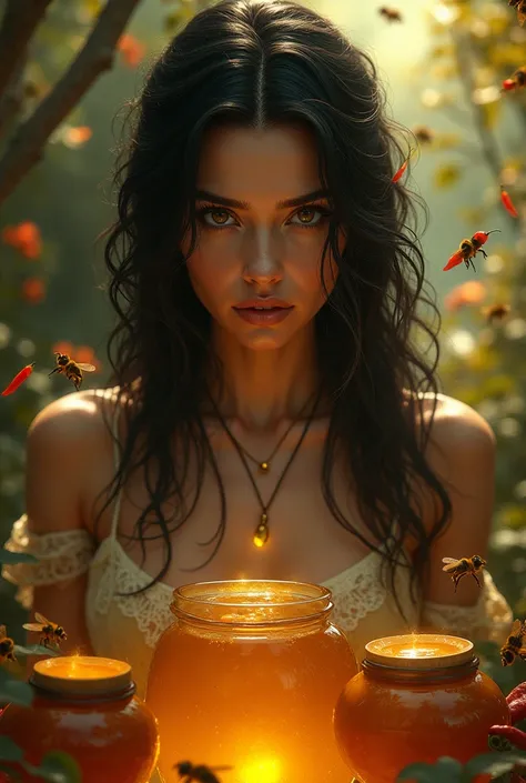 Generate for me an image of a woman with matte skin, dark black and long hair, les yeux marrons avec une robe rouge, Honey pots placed everywhere and bees flying around, Also add some red chilli. 