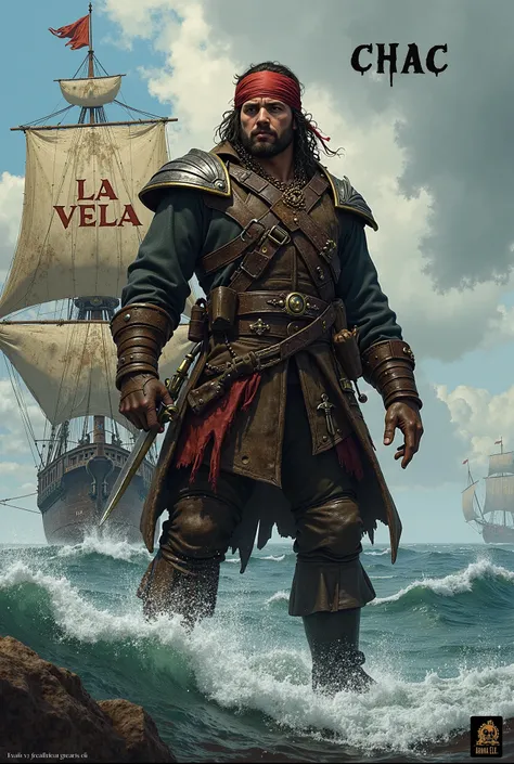 Cover of a pirate soldier with the title written Chac and in the background a sailboat with La Vela written in the background