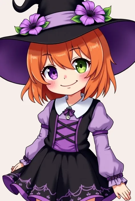  A purple and black witch hat with white details and flower ornaments, short medieval dress with purple details with black ,  orange hair,  eyes with heterochromia ,  One green eye and another purple , appearing to be  , An innocent smile, cute and cheerfu...