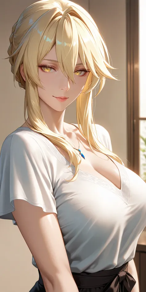 Masterpiece, very aesthetic, vibrant, high contrast, elegant mature woman, artoria pendragon (lancer) (fate), seductive, housewife, casual clothes, upper body, curvaceous, soft light, best quality, semrealistic, honkai: star rail cg style