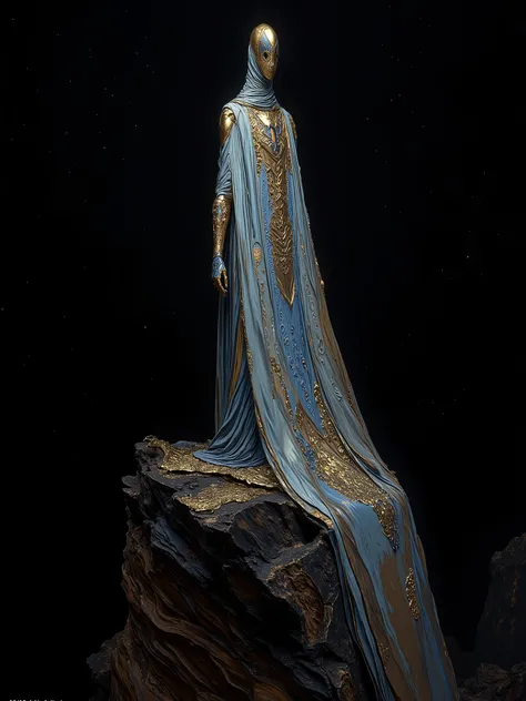 Full body of a faceless entity based theme on a cliff suspended in space, floating spread parts of the robe factory on a cliff, completely black empty sky, universe, white long robe spread with blue and golden ornaments, fill the blank space and make a stu...