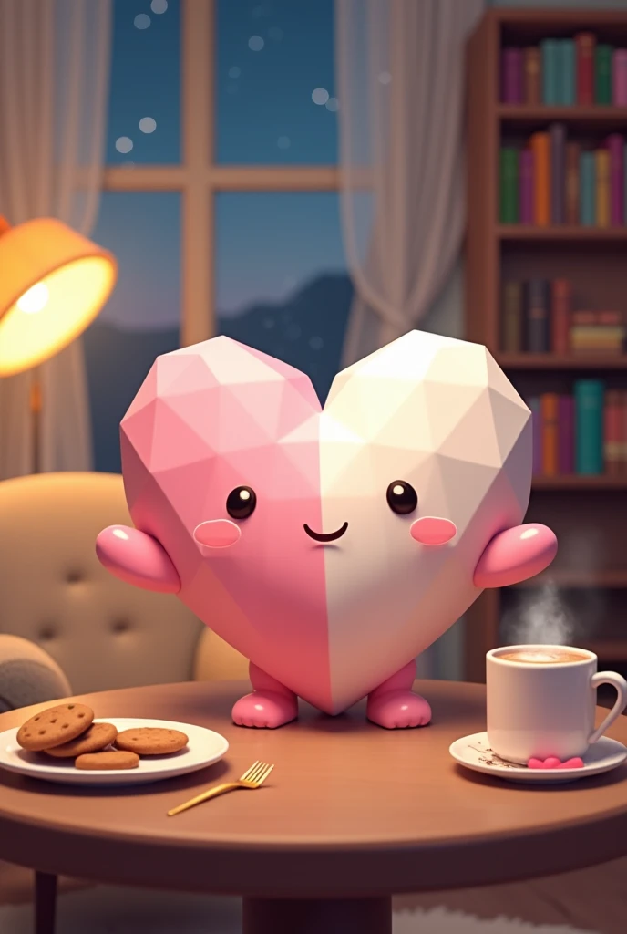 A whimsical, geometric heart-shaped object resembling pink and white ice cream with sharp, angular edges instead of smooth curves. The heart is pastel pink and white, with a matte finish and subtle texture resembling soft ice cream. It has small rounded ar...