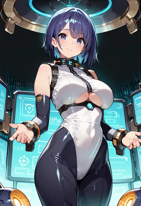 ((masterpiece, best quality, ultra detailed, high resolution, beautiful detailed face, beautiful detailed eyes, perfect hands)), (1 girl, solo), (body suit, sleeveless, underboob cutout, highleg), standing, captured by enemy robots, looking at viewer, (cow...