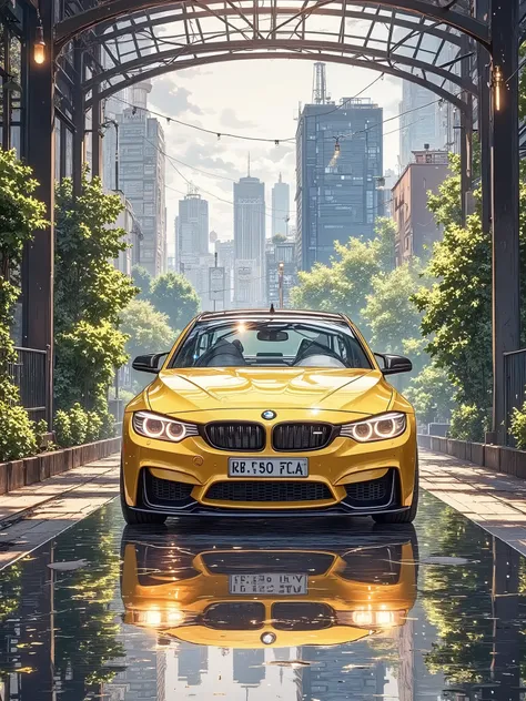A Sao Paulo Yellow BMW m4 car is park on a garage The overall style is photorealistic, yet stylized, with a digitally enhanced feel.