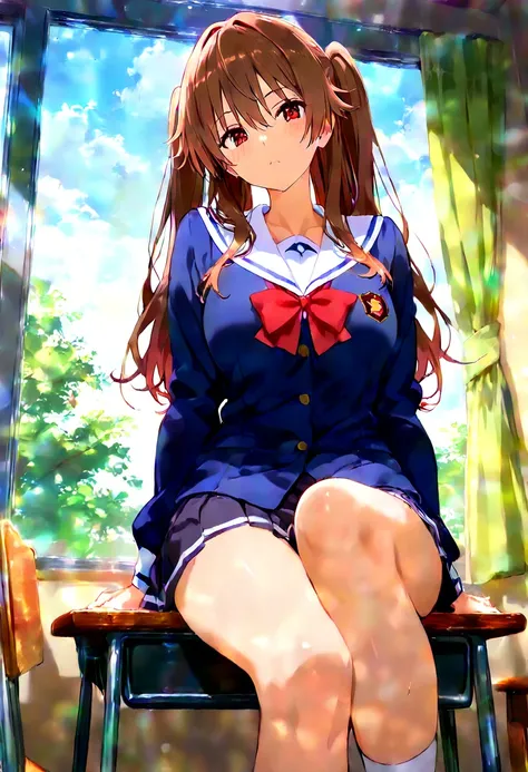  sitting on a chair in front of a window, 現実的な high school girl, a hyper現実的な high school girl, beautiful anime high  high school girl, hyper現実的な high school girl,   fleet collection style ,  a bewitching anime girl ,   anime Moe art style ,   Smooth Anime ...