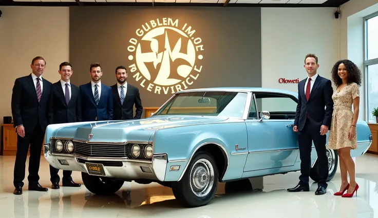 Create a detailed image of a showroom featuring a sky bule 1968 Oldsmobile Delta 88 ) with tires, displayed prominently under a large ( Oldsmobile)logo in the background. Five elegantly dressed individuals are standing next to the vehicle: four men in form...