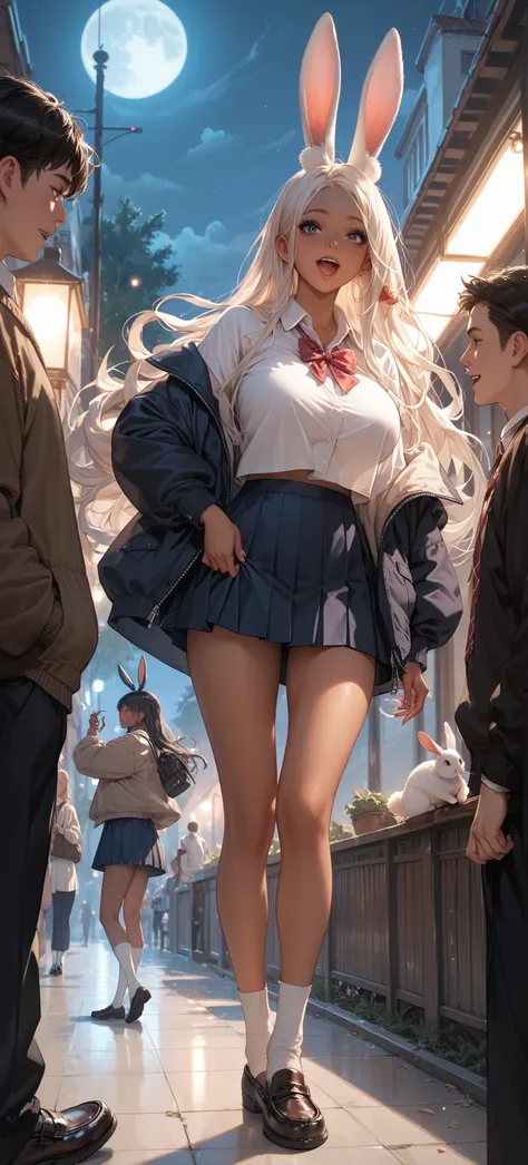  high school student,oversized down jacket, girl,Wear loafers, white super long hair , backlit,night,Very dark, tanned skin, open your mouth slightly, Rabbit ears in place of ears, big breasts,2 people,Carrying people on their backs