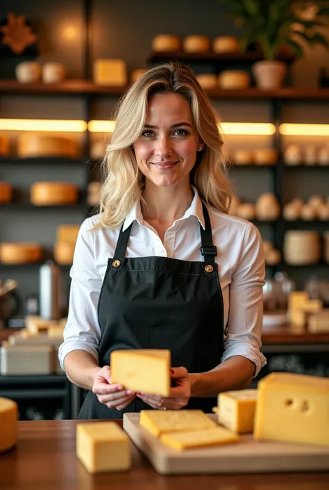 blonde Brazilian from Minas Gerais woman holding a parmesan cheese in front of the counter of a cozy cheese shop, Starbucks aprons, wearing an apron, some specialty cheeses on the shelf in the background, promotional photo, customers, commercially ready, i...