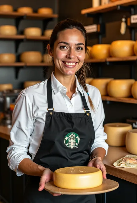 Brazilian woman from Minas Gerais holding a parmesan cheese in front of the counter of a cheese shop, Starbucks aprons, wearing an apron, some special cheeses on the shelf in the background, promotional photo, customers, commercially ready, impressive look...