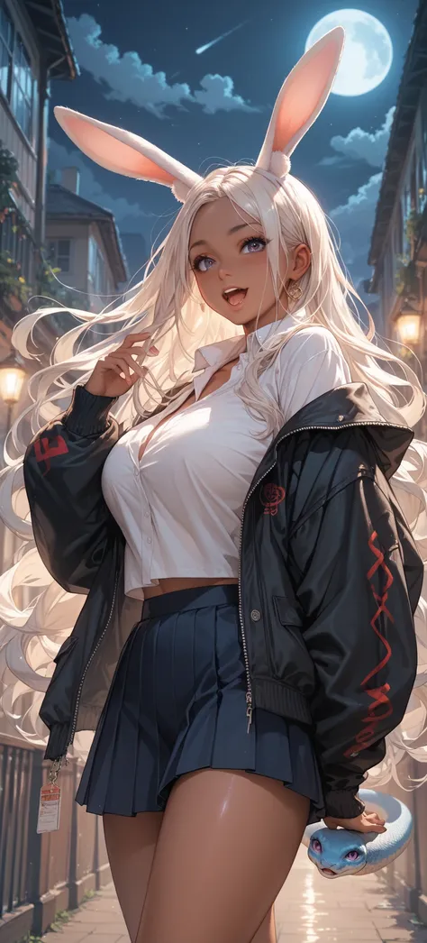  high school student, oversized down jacket, girl,Wear loafers, white super long hair , backlit,night,Very dark, tanned skin, open your mouth slightly, Rabbit ears in place of ears, big breasts,snake body 