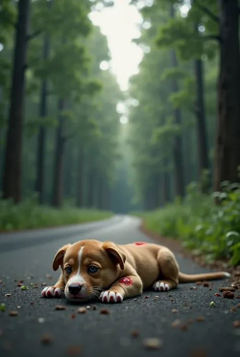 A puppy laying on the road which is ingerd between the forest its back is bleeding its crying 