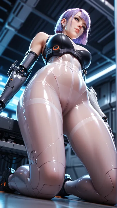 Thin, purple-haired female, cybernetic body parts, tight see-through tights, ultra detailed, spaceship cargo bay, kneeling, dark room, close up, low angle, depth of field,