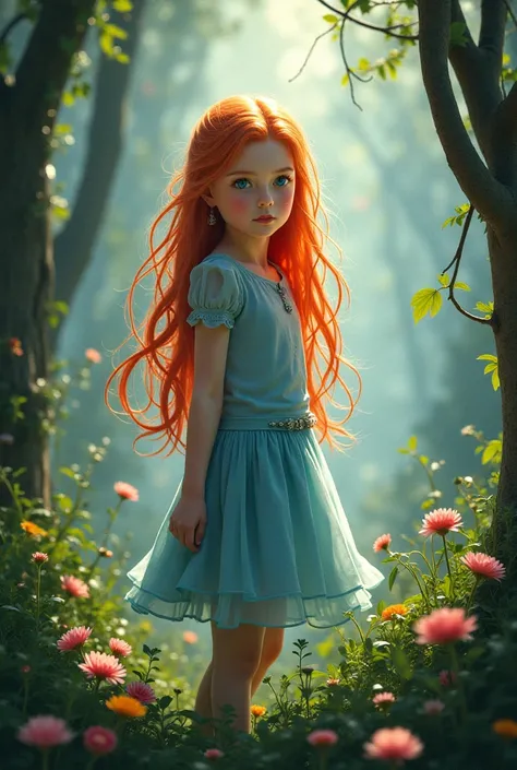 a twelve-year-old white woman with red hair and bright blue eyes, with the power to control nature 