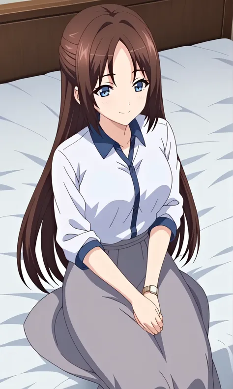  score_9,  score_8_up,  score_7_up,  source_Anime, rating_safe,  intricate detail on the edge of the garment, Anime screencap,  official style , Anime coloring,  1 girl, Alone, ,  brown hair,  long hair,  blue eyes,  white shirt,   gray skirt ,  long skirt...