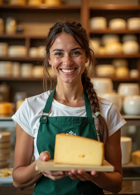 Brasillian, Minas Gerais, woman holding a parmesan cheese in front of a cheese shop counter, Starbucks aprons, wearing an apron, specialty cheeses in the background, promotional photo, customers, commercially ready, impressive look, taken in 2020, advertis...