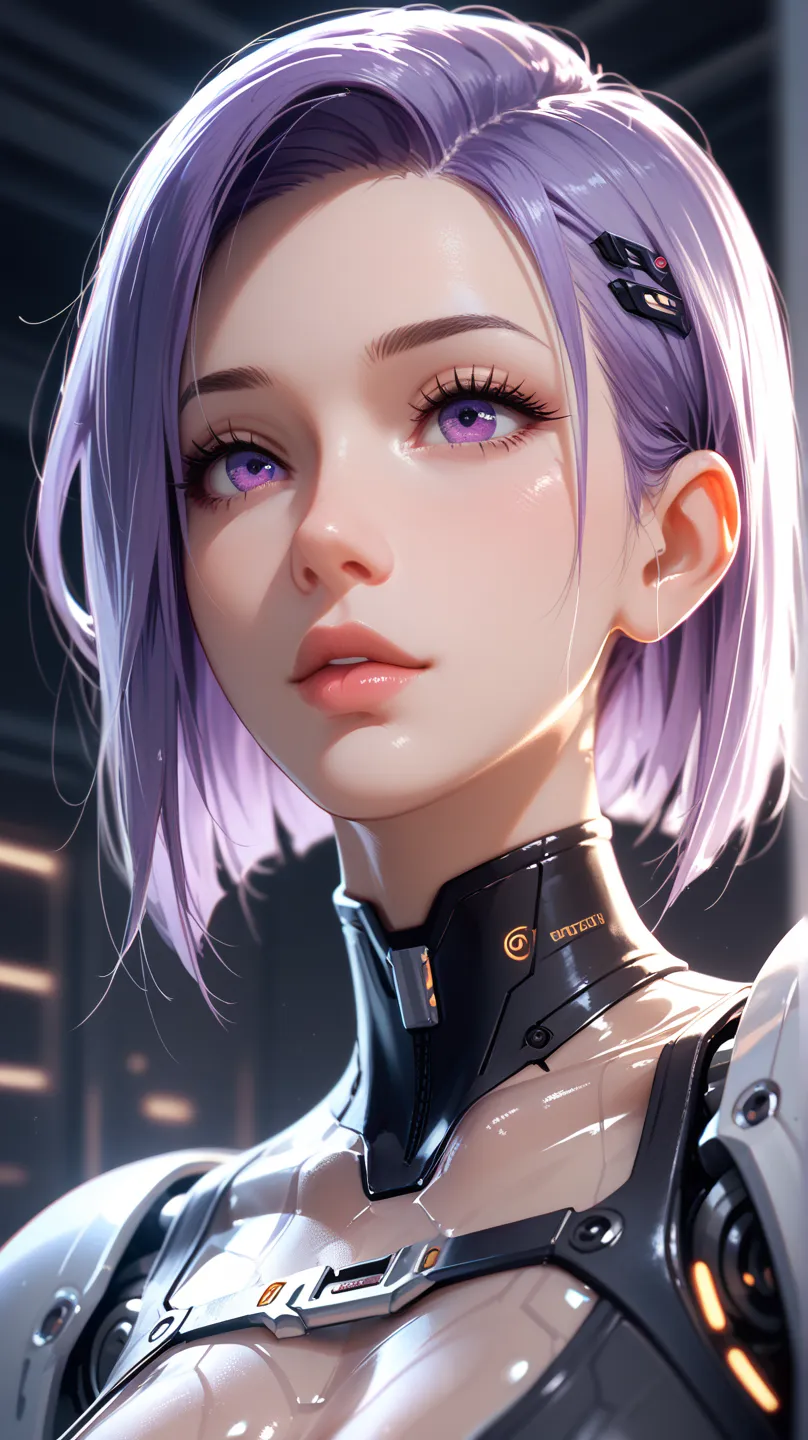 Thin, purple-haired female, purple eyes, cybernetic body parts, tight see-through bodysuit, cleavage, ultra detailed, spaceship cargo bay, crawling, dark room, close up, low angle, depth of field,