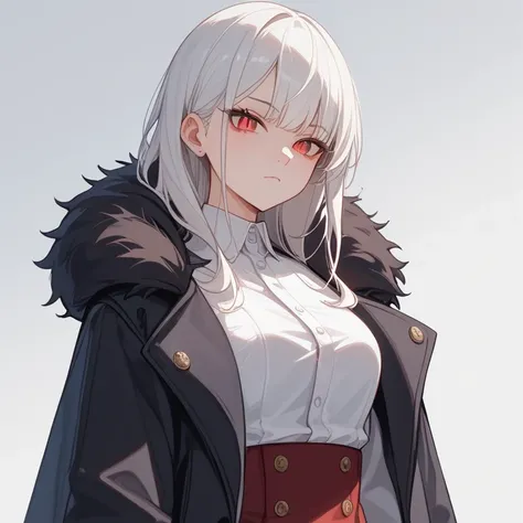  girl、 slit eyes、round, black pupils 、 red eyes、Straight, long, white hair 、 wearing a long black winter coat、 the button on the coat is closed 、 is about 、I'm about 148 cm tall 、 Slim、 is standing、Draw the whole body、Almost expressionless