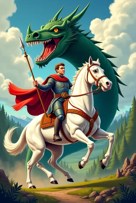 Cartoon of a gentleman on his white horse slaying the dragon with his spear 