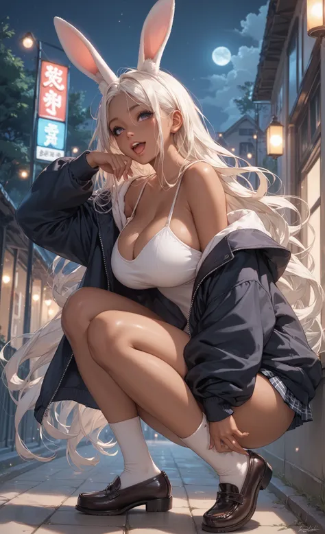  high school student, oversized down jacket, girl,Wear loafers, white super long hair , backlit,night,Very dark, tanned skin, open your mouth slightly, Rabbit ears in place of ears, big breasts, Sensual Poses 