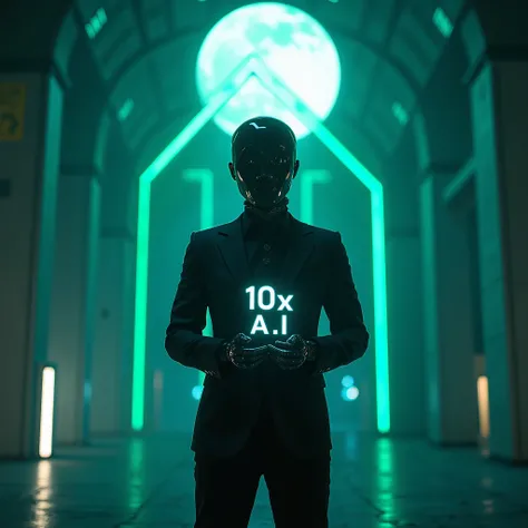 Underground telebim with anime character  with black  suit and mask chill , cool ,adorned , holding  an innovative "10X A.I" logo. A vibrant green arrow ascends, symbolizing growth against a captivating blue-green-grey palette. In the background, enhancing...