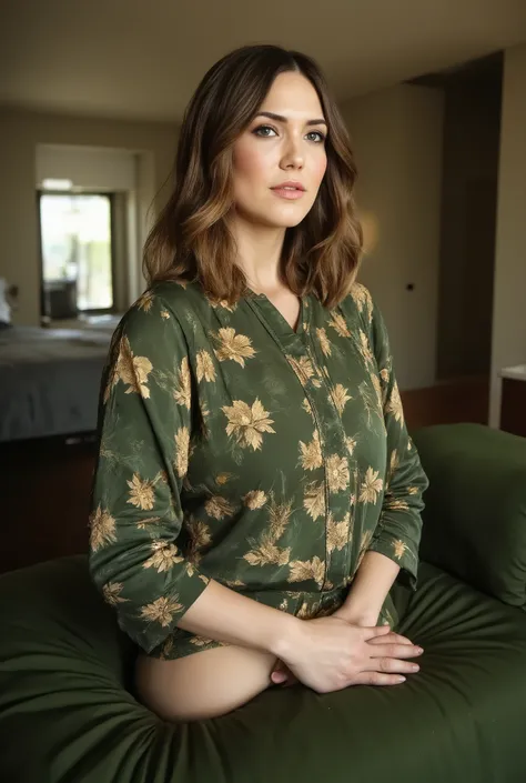 best quality, highres, 8k, masterpiece, photography, detailed midbody photorealistic portrait. Mandy Moore, visibly pregnant and glowing with maternal confidence, sits on a bed with emerald-green silk sheets, wearing an intricately embroidered forest-green...