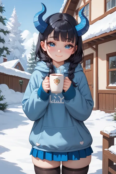 Anime girl young really long black hair, blue piercing eyes, blue horns on head, black bangs, small chest, blue hoodie, flowy skirt, long lashes, blushing, black thigh highs, big thigh, shy, smiling, , short, small, in a house, fire place, snow outside, ho...