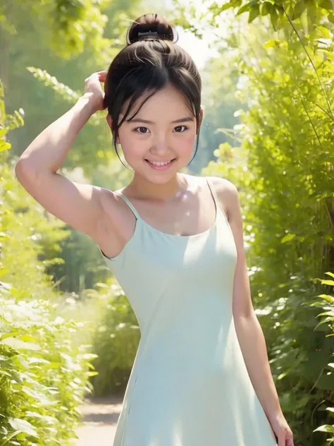 One girl, black hair, ponytail, BREAK, (tight summer dress:1.4), BREAK, ((flat chest, tt_flat)), armpit, baby face, standing, smiling, outside, 